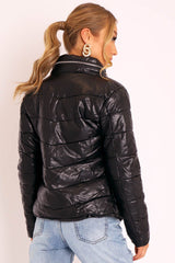 Black PU Leather Puffer Coat - Kobie-Coats