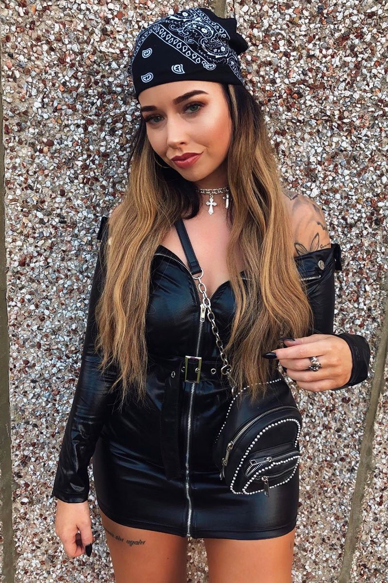 Black PU Leather Zip Front Biker Bodycon Dress - Yvanna-Dresses