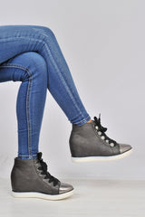 Black PU Metallic Toe Sparkle Wedged High Tops - Sammi-Trainers