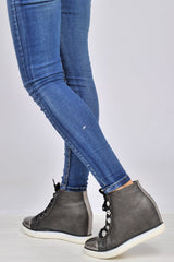 Black PU Metallic Toe Sparkle Wedged High Tops - Sammi-Trainers