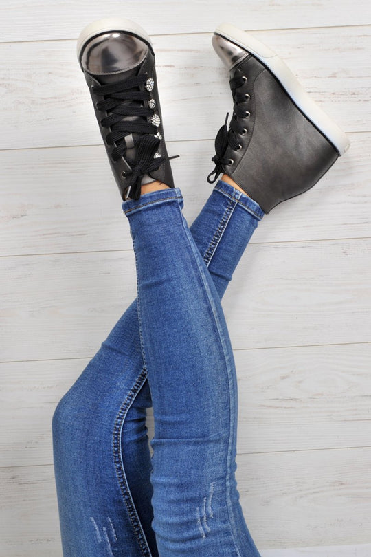 Black PU Metallic Toe Sparkle Wedged High Tops - Sammi