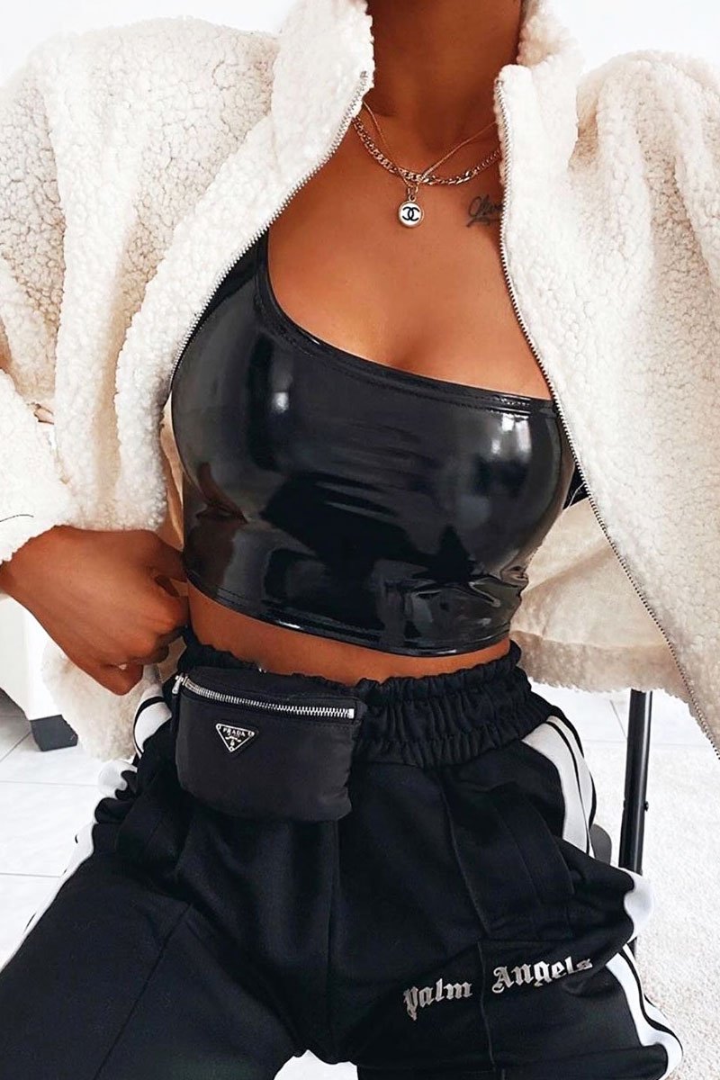Black PU One Shoulder Crop Top - Sury-Crop Tops