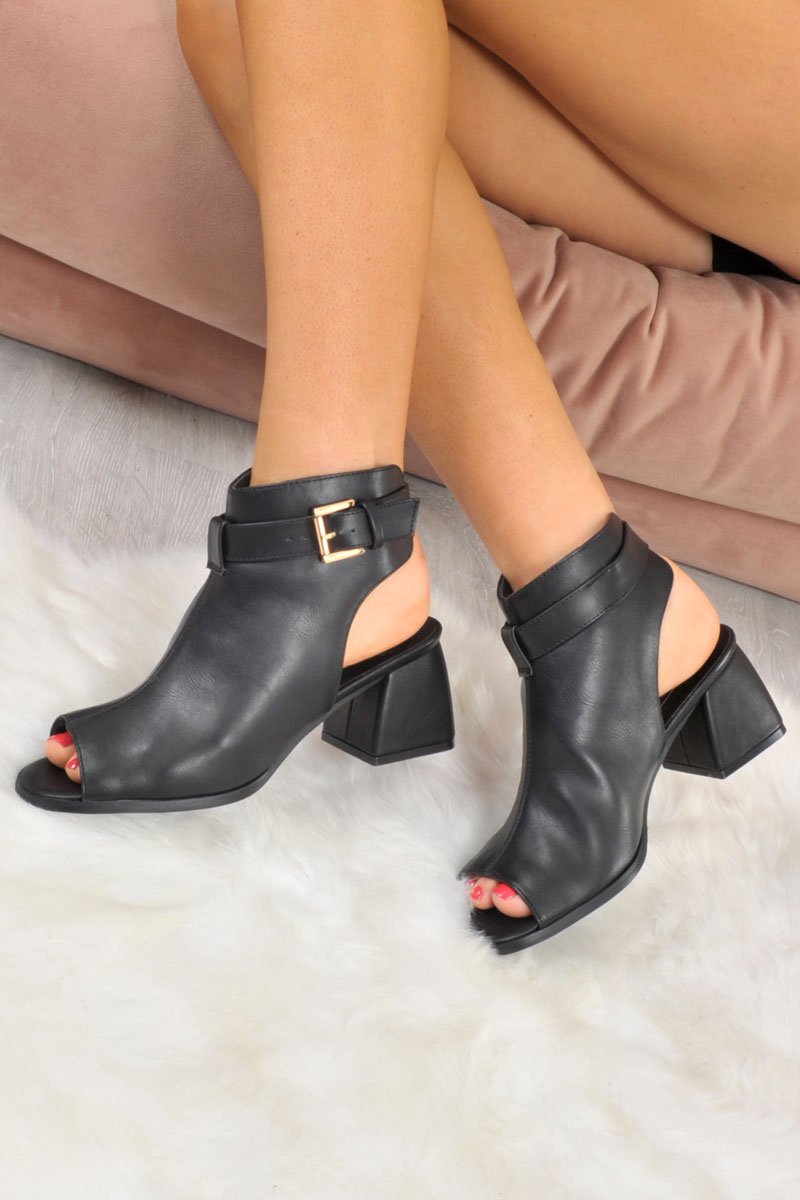 Black PU Open Front and Back Block Heel Boots - Brinlee-Boots