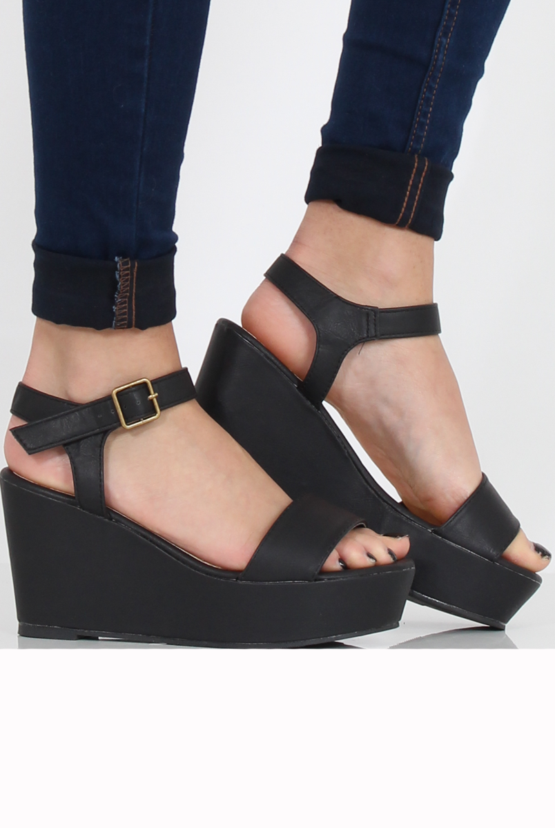 Black PU Open Toe Wedge Sandals - Kennie-Sandals
