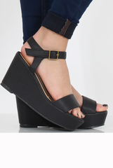 Black PU Open Toe Wedge Sandals - Kennie-Sandals