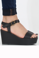 Black PU Open Toe Wedge Sandals - Kennie-Sandals
