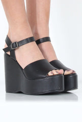 Black PU Open Toe Wedges - Kendi-Wedges