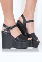 Black PU Open Toe Wedges - Kendi-Wedges