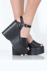 Black PU Open Toe Wedges - Kendi-Wedges
