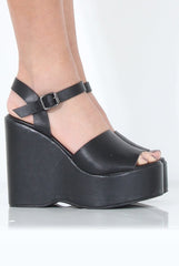 Black PU Open Toe Wedges - Kendi-Wedges