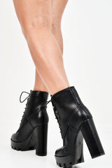 Black PU Platform Lace Up Heeled Boots - Ziani-Boots