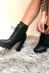 Black PU Platform Lace Up Heeled Boots - Ziani-Boots
