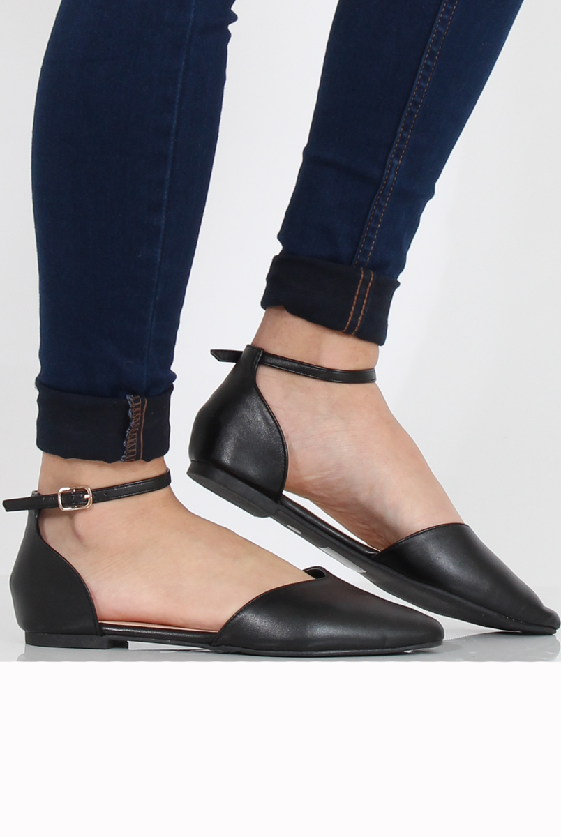 Black PU Pointed Flat Shoes - Kelsa-Shoes