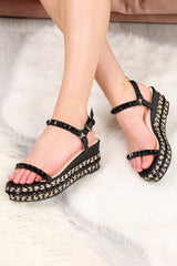 Black PU Rope Braid Studded Wedges - Jacelyn-Wedges
