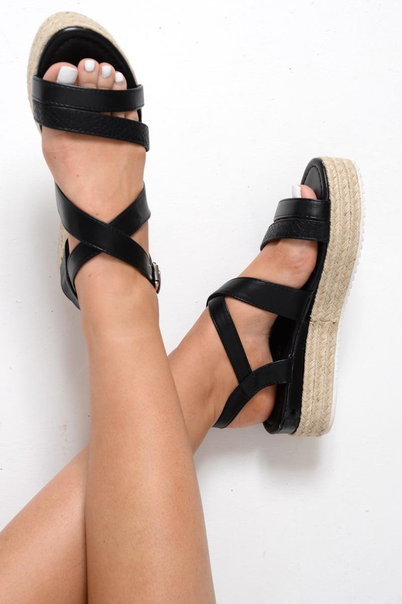 Black PU Rope Sole Wedges - Avaley-Sandals