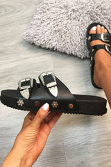 Black PU Snowflake Western Buckle Sandals - Ellington-Sliders