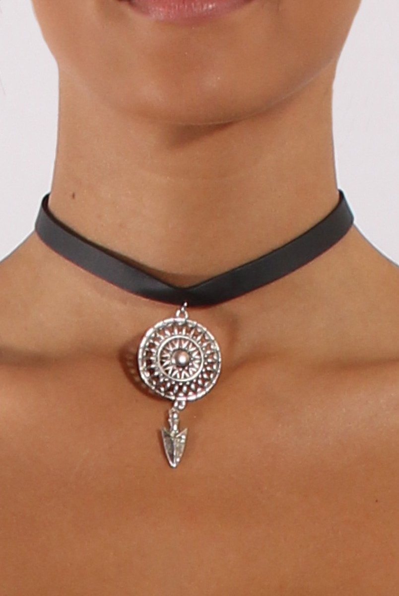 Black PU Strap Arrow Medallion Choker - Valdis-Accessories