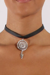 Black PU Strap Arrow Medallion Choker - Valdis-Accessories