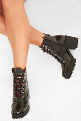 Black PU Stripe Detail Lace Up Chunky Boots - Aaloni-Boots