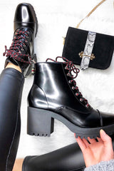 Black PU Stripe Detail Lace Up Chunky Boots - Aaloni-Boots