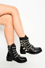 Black PU Stud Buckle Detail Biker Boots - Kendel-Boots