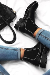 Black PU Stud Detail Ankle Boots - Andie-Boots