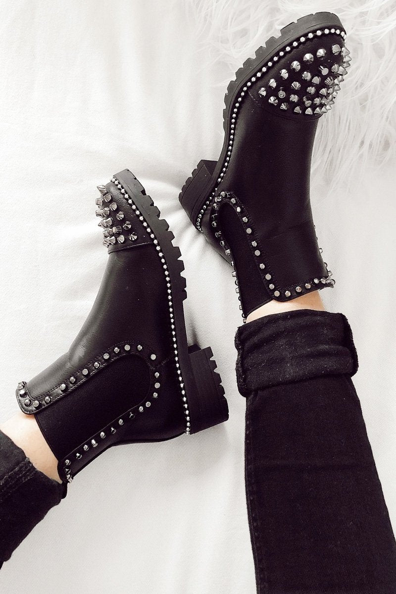 Black PU Stud Detail Chunky Boots - Amarra-Boots