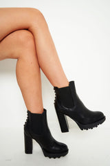 Black PU Stud Detail Heeled Chunky Chelsea Boots - Zoeygrace-Boots