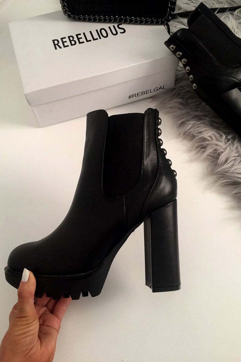Black PU Stud Detail Heeled Chunky Chelsea Boots - Zoeygrace-Boots