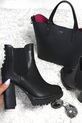 Black PU Stud Detail Heeled Chunky Chelsea Boots - Zoeygrace-Boots