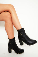 Black PU Stud Heeled Ankle Boot - Rahel-Boots