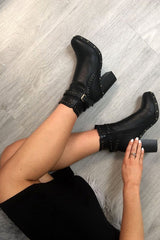 Black PU Stud Heeled Ankle Boot - Rahel-Boots