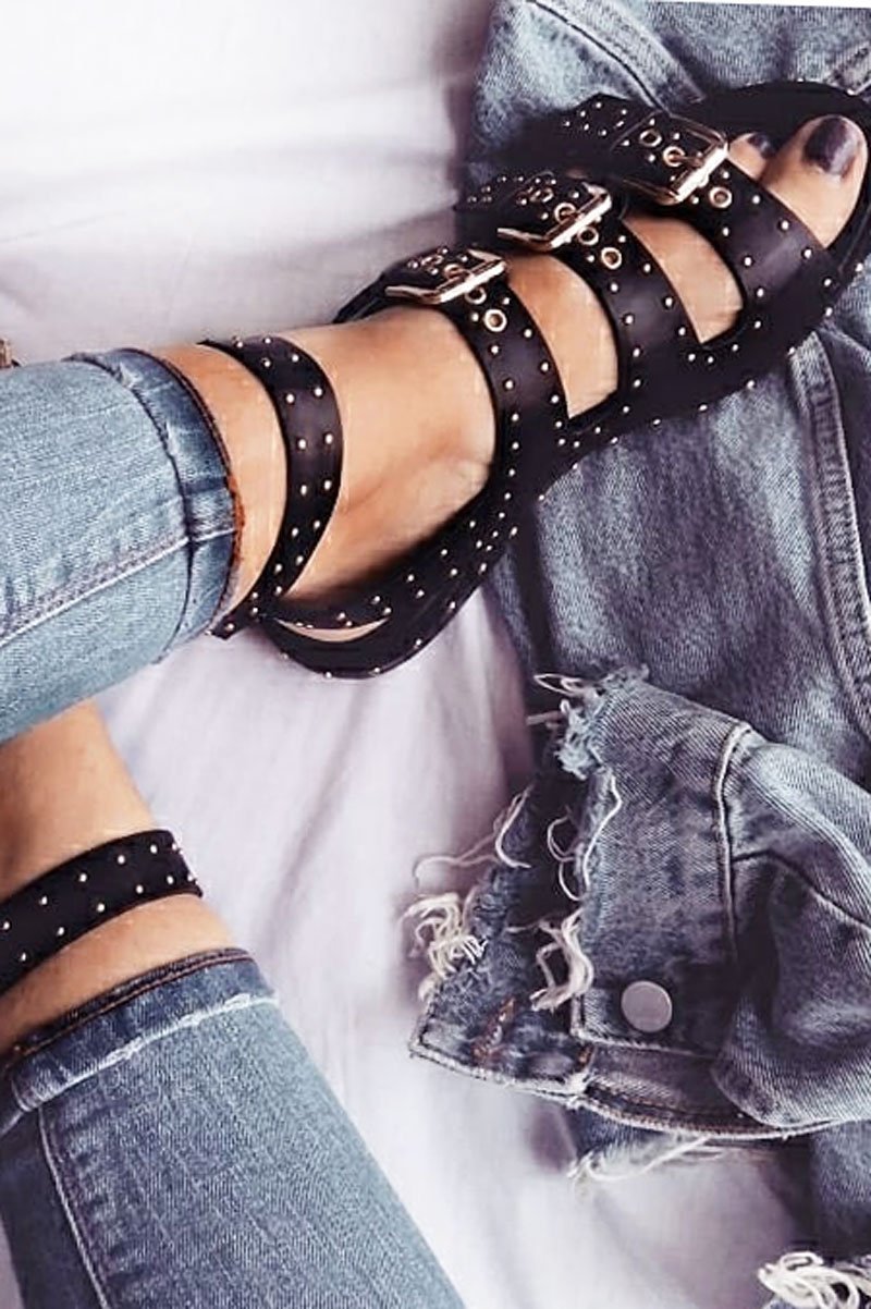 Black PU Stud Multi Buckle Sandals - Bryella-Sandals
