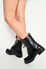 Black PU Stud Trim Biker Boots - Tiarra-Shoes