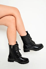 Black PU Stud Trim Biker Boots - Tiarra-Shoes