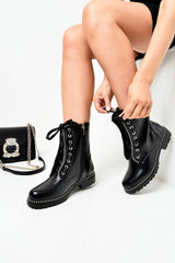 Black PU Stud Trim Biker Boots - Tiarra-Shoes