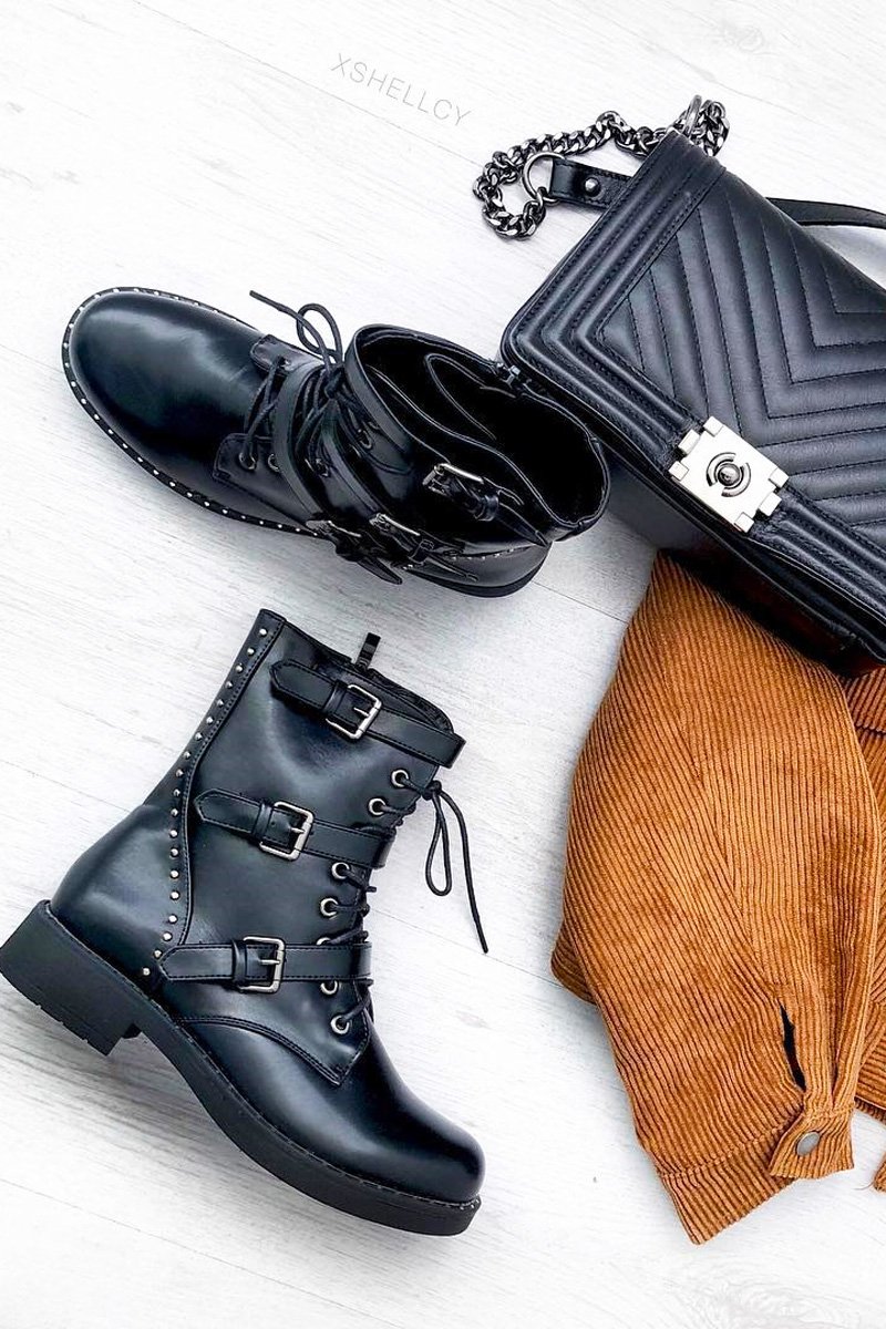 Black PU Stud Trim Buckle Detail Biker Boots - Areyah-Boots