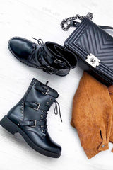 Black PU Stud Trim Buckle Detail Biker Boots - Areyah-Boots