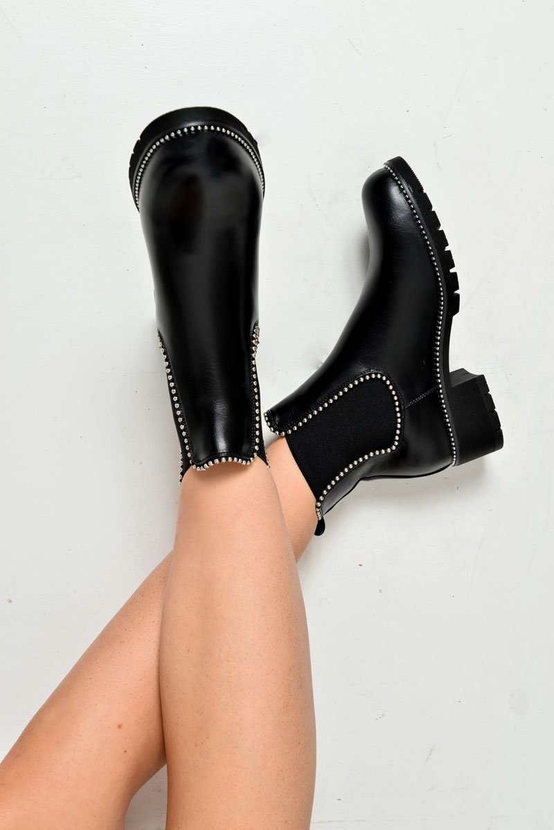 Black PU Stud Trim Chelsea Boots - Spencer-Boots