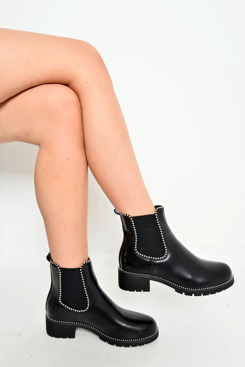 Black PU Stud Trim Chelsea Boots - Spencer-Boots