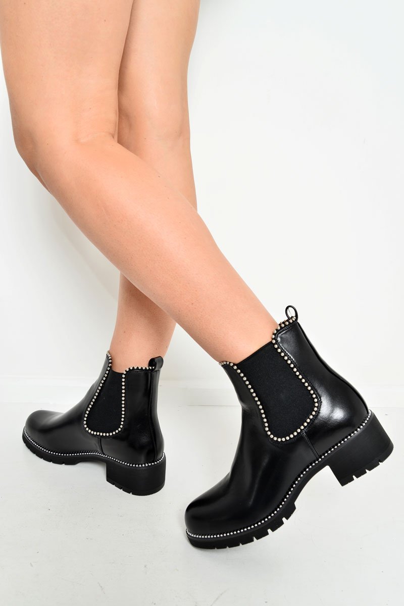 Black PU Stud Trim Chelsea Boots - Spencer-Boots