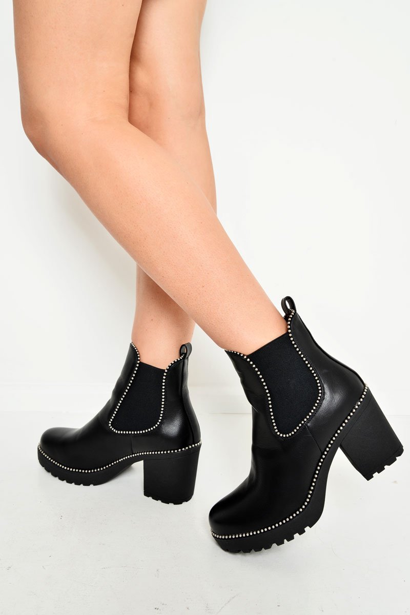 Black PU Stud Trim Chunky Chelsea Boots - Leana-Boots