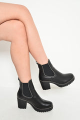 Black PU Stud Trim Chunky Chelsea Boots - Leana-Boots