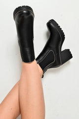 Black PU Stud Trim Chunky Chelsea Boots - Leana-Boots