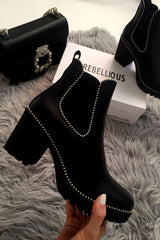 Black PU Stud Trim Chunky Chelsea Boots - Leana-Boots