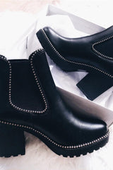 Black PU Stud Trim Chunky Chelsea Boots - Leana-Boots