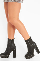 Black PU Stud Trim Platform Heel Boots - Emmalise-Boots