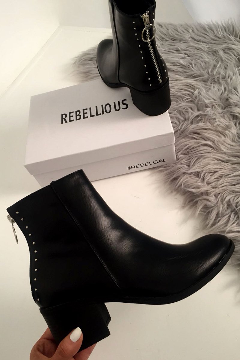 Black PU Stud Zip Back Ankle Boots - Koral-Boots