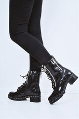 Black PU Stud Zip Detail Biker Boots - Golda-Shoes