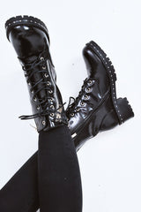 Black PU Stud Zip Detail Biker Boots - Golda-Shoes